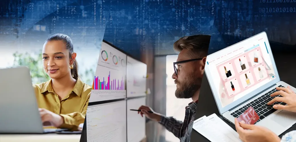 A group of professionals collaborating while analyzing AI-generated insights, with customers making purchases through an e-commerce platform.