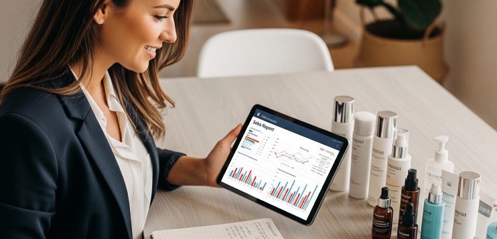 Mujer de negocios revisando un reporte digital de desempeño de ventas.