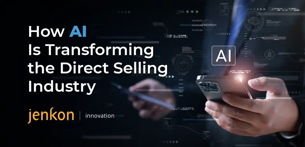 Hands holding a smartphone displaying AI interfaces, illustrating the transformation of the direct selling industry through artificial intelligence.